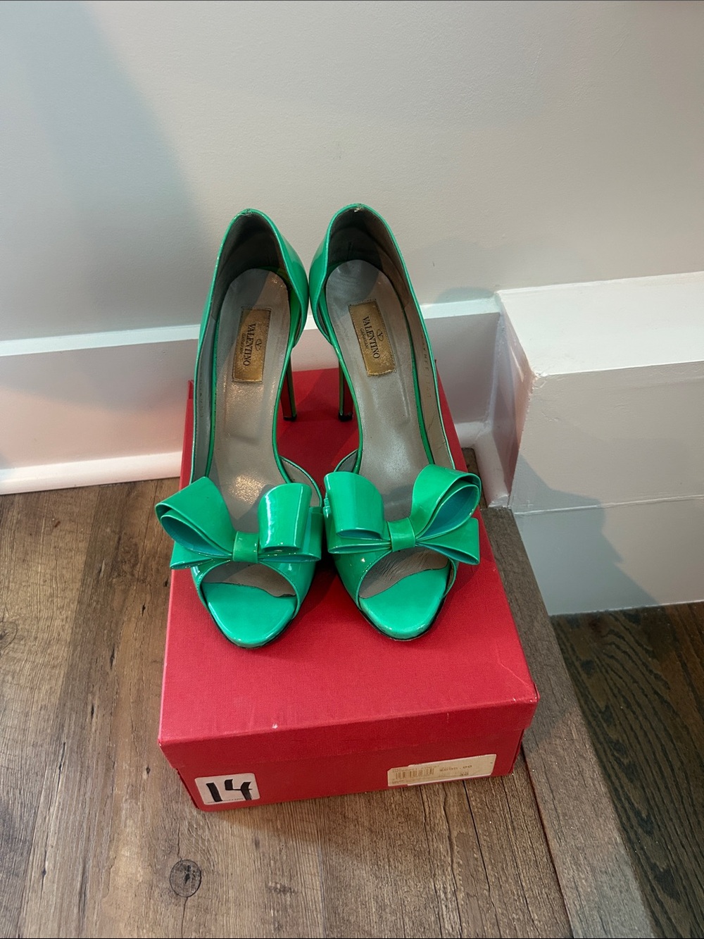 Valentino Aqua Patent Bow Peep-Toe Stilettos